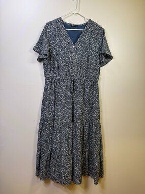 PrettyGarden Blue Floral Button Front Midi Dress